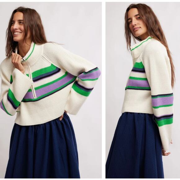 Free People Sweaters - FREE PEOPLE Greta Stripe Half Zip Pullover Sweater Sugar Swirl Sz L $128 {3M32}